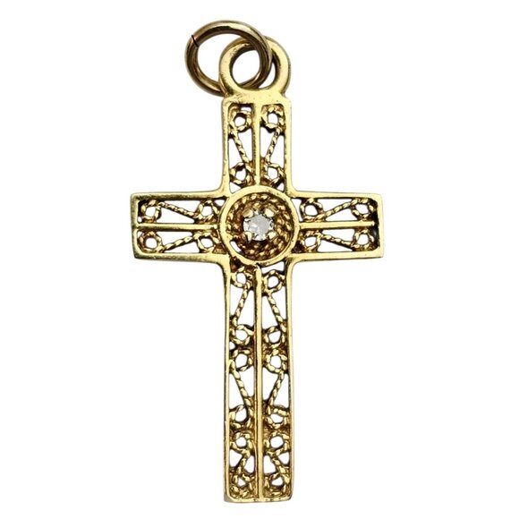 14K Yellow Gold Diamond Chip Filigree Cross Pendant - Picture 11 of 11